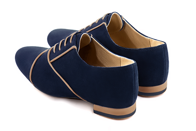 Midnight blue and caramel brown women's essential lace-up shoes. Round toe. Flat block heels. Rear view - Florence KOOIJMAN